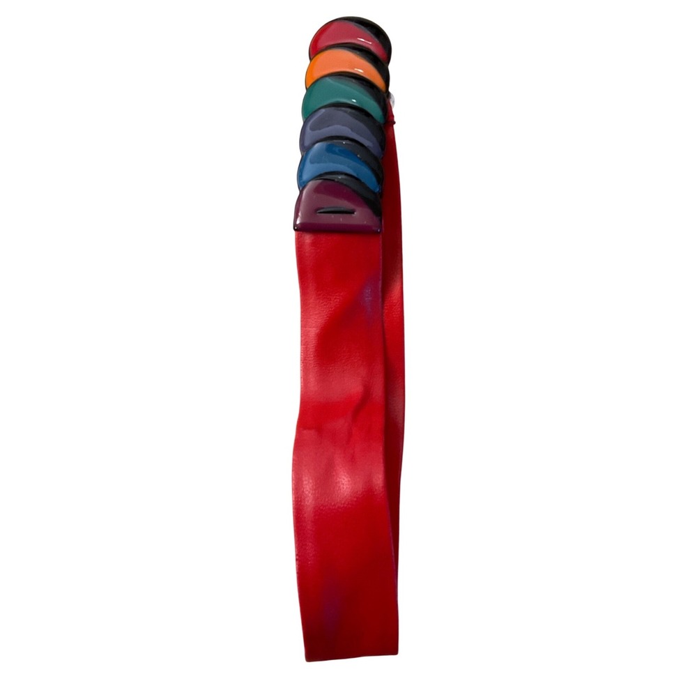 Vintage 198's Leather Belt Rainbow Buckle Retro Colorblock Avant Garde Funky